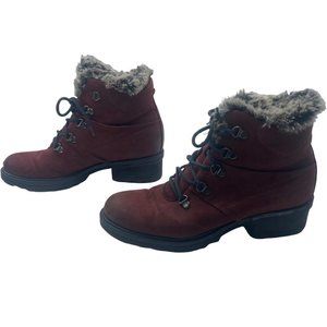 KHRIO Suede Heeled Ankle Boots Women EU 39 US 8.5 Leather Fur Trim Red Burgundy